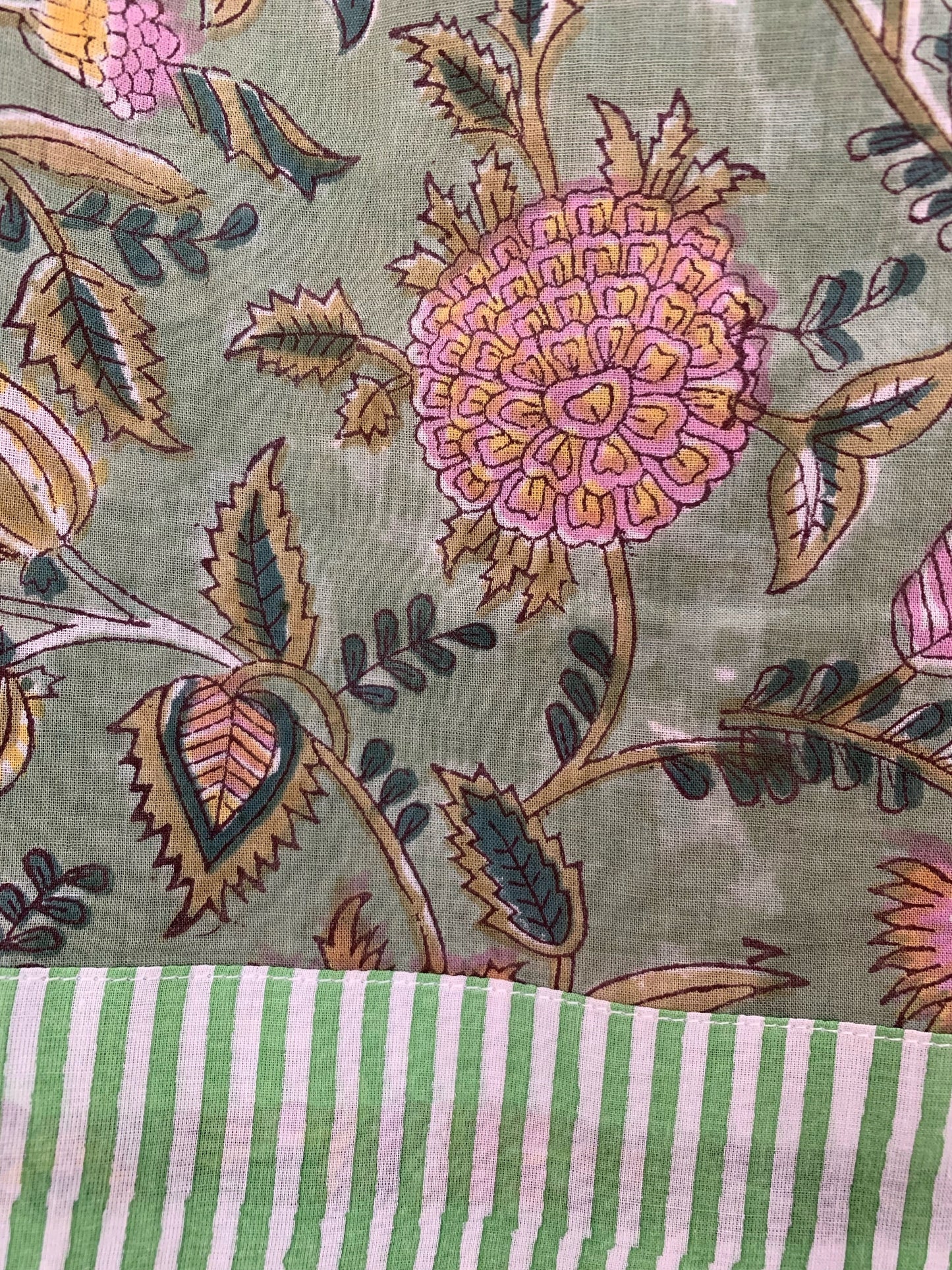 Bata kimono · Algodón puro estampado block print artesanal en India · Bata novia · Bata dama honor · Kimono boho · Verde flores rosa