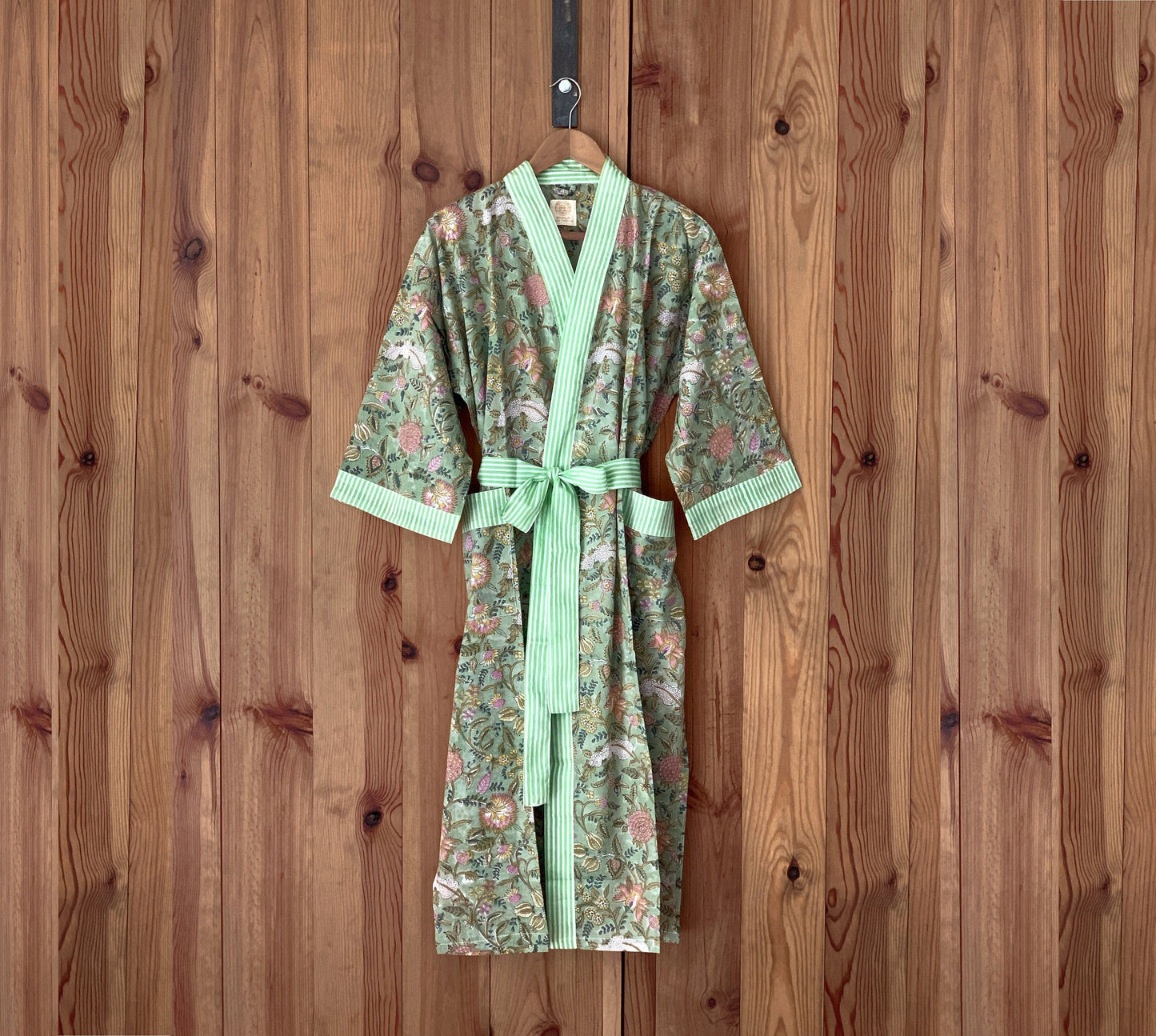 Kimono robe · Pure cotton block print handmade in India · Bride robe · Bridesmaid robe · Boho kimono · Green pink flowers