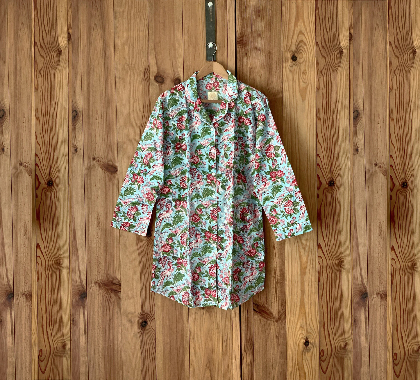 Camisón · Algodón puro estampado block print artesanal en India · Camisa para dormir algodón 100% · Camisón algodón con manga larga · Agua