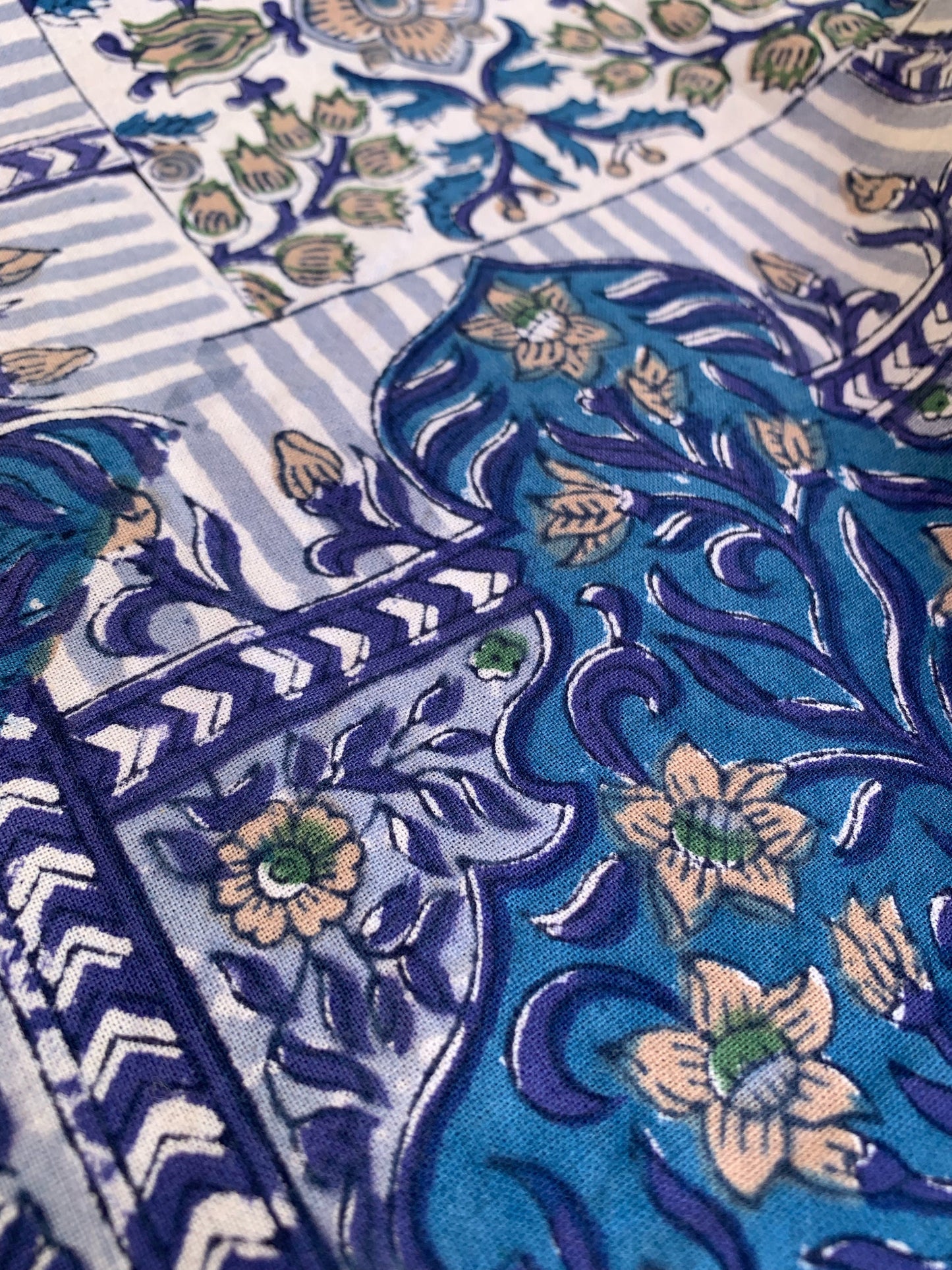 Mantel algodón puro estampado block print artesanal en India · Varias medidas a elegir · Mantel boho chic 100% algodón hindú · Azul y beige