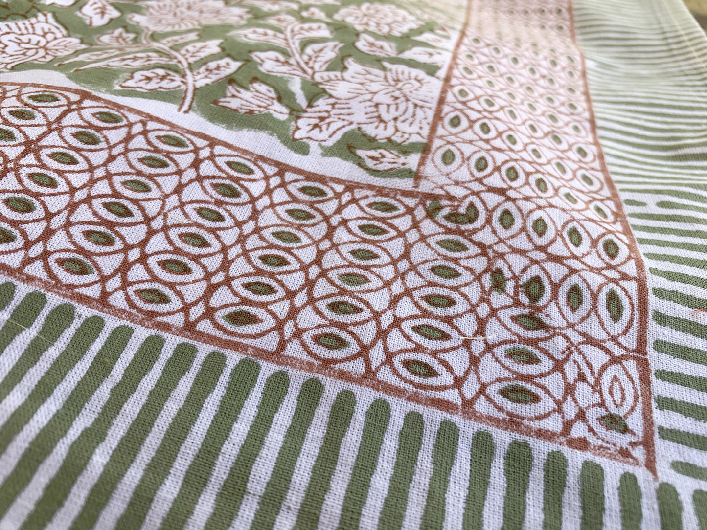 Pure cotton block print tablecloth handmade in India · Six diners · Boho chic tablecloth 100% Indian cotton · Sage green