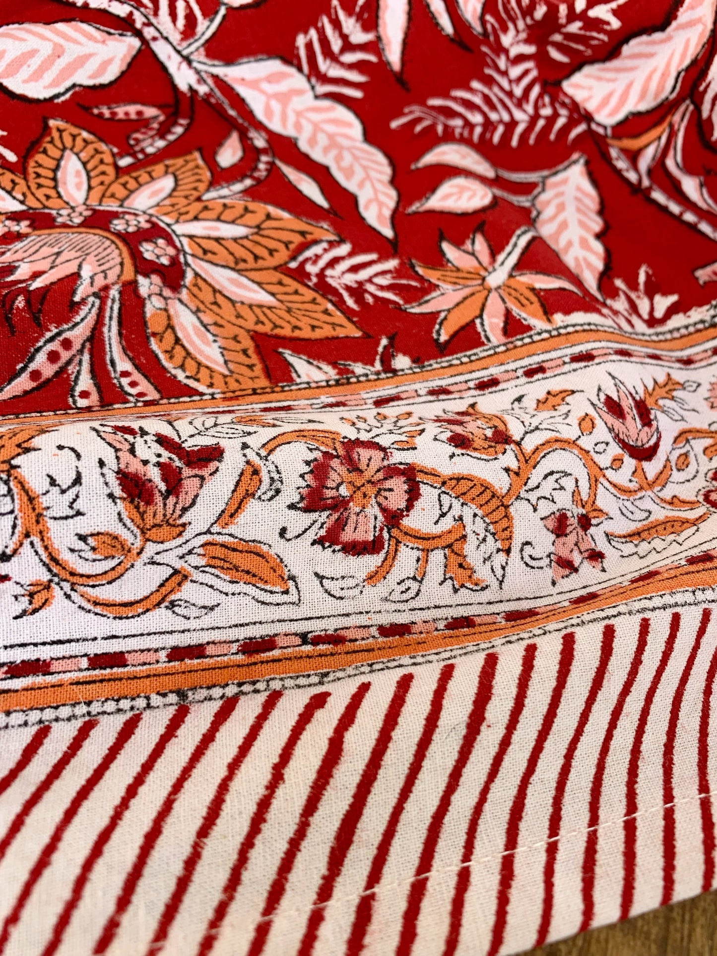 Mantel algodón puro estampado block print artesanal en India · Varias medidas a elegir · Mantel boho chic 100% algodón hindú · Rojo y naranja