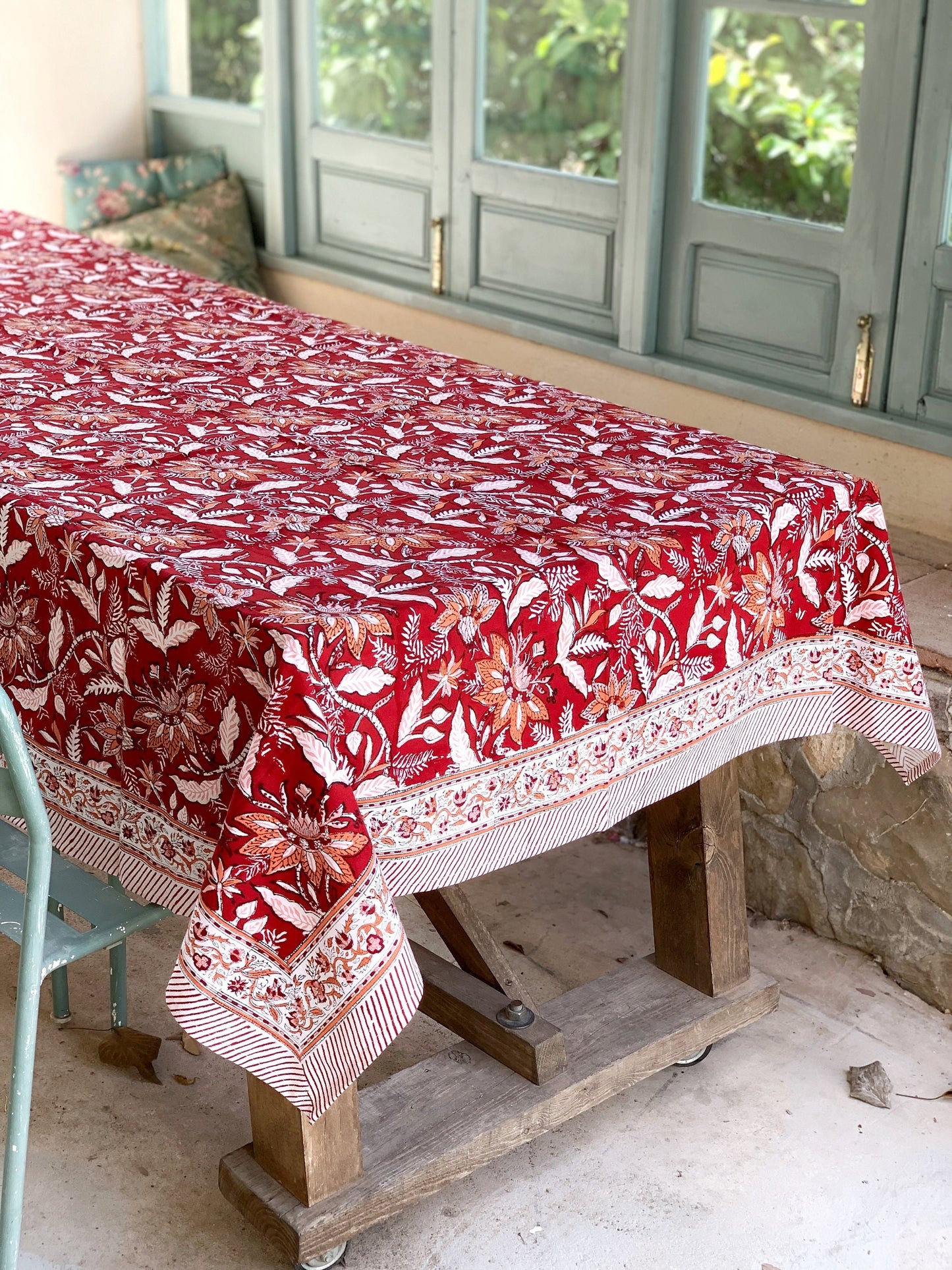 Mantel algodón puro estampado block print artesanal en India · Varias medidas a elegir · Mantel boho chic 100% algodón hindú · Rojo y naranja