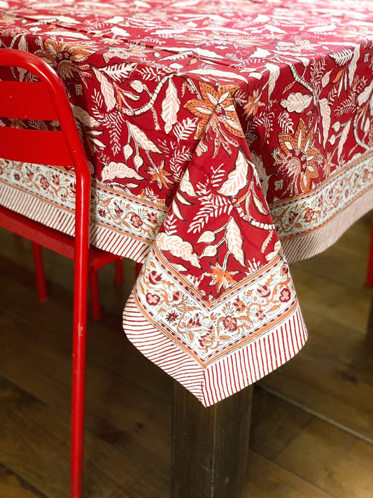 Mantel algodón puro estampado block print artesanal en India · Varias medidas a elegir · Mantel boho chic 100% algodón hindú · Rojo y naranja