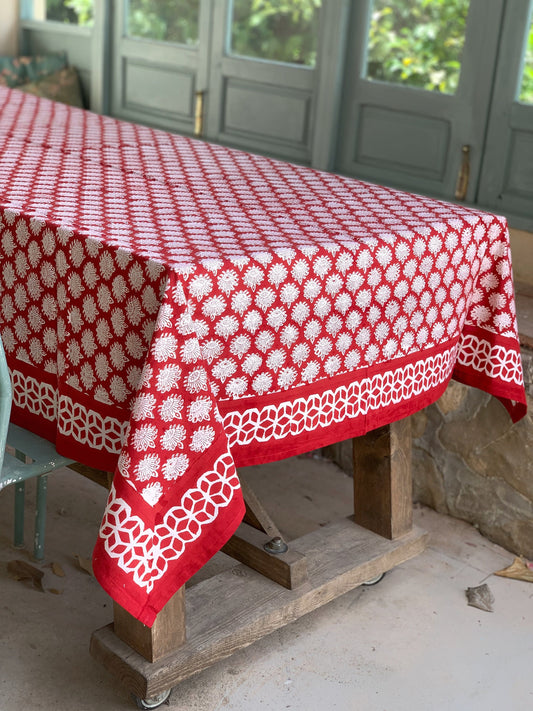 Mantel algodón puro estampado block print artesanal en India · Seis comensales · Mantel boho chic 100% algodón hindú · Rojo flor de loto