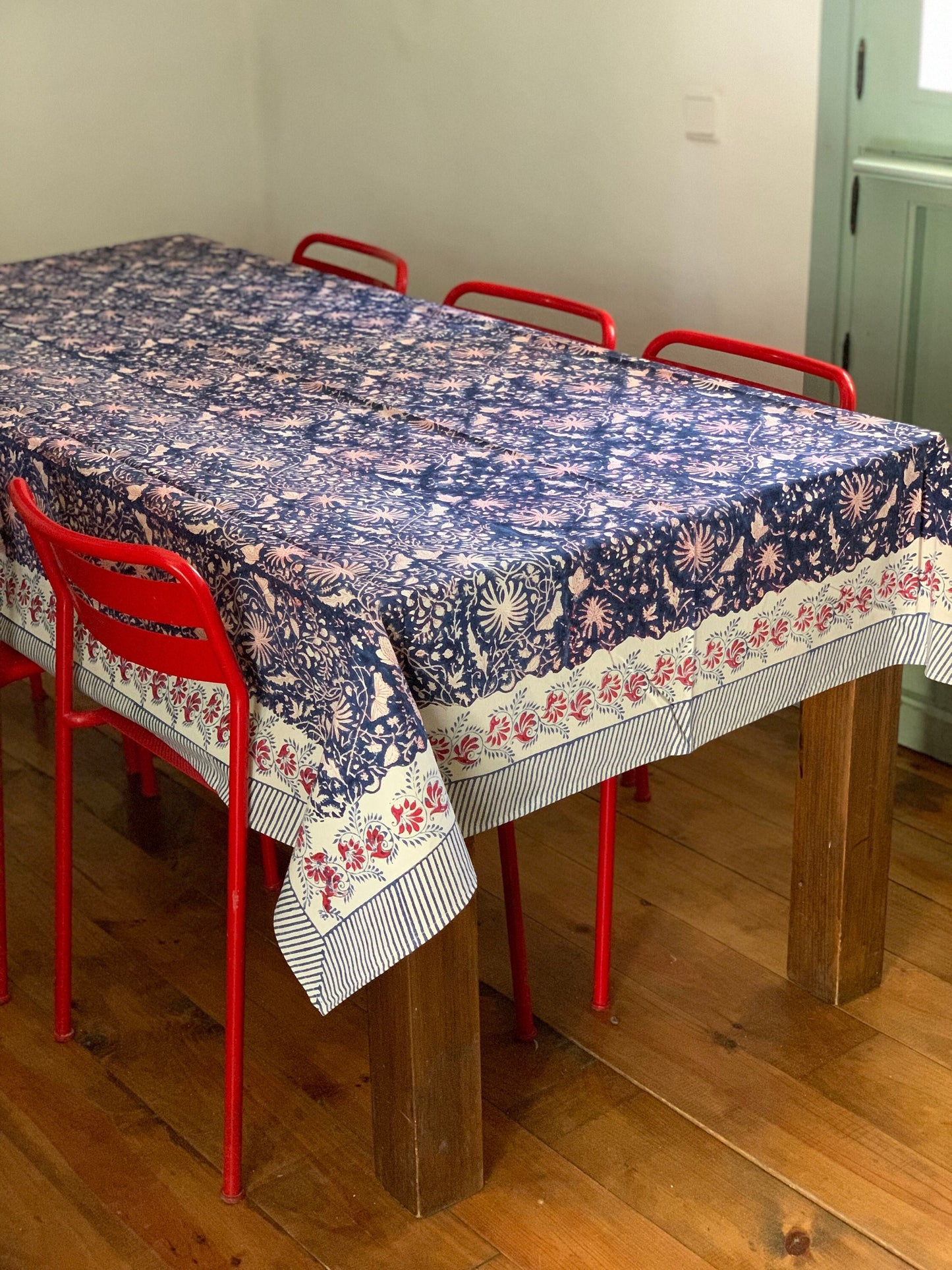 Pure cotton block print tablecloth handmade in India · Six diners · Boho chic tablecloth 100% Indian cotton · Red flower blue