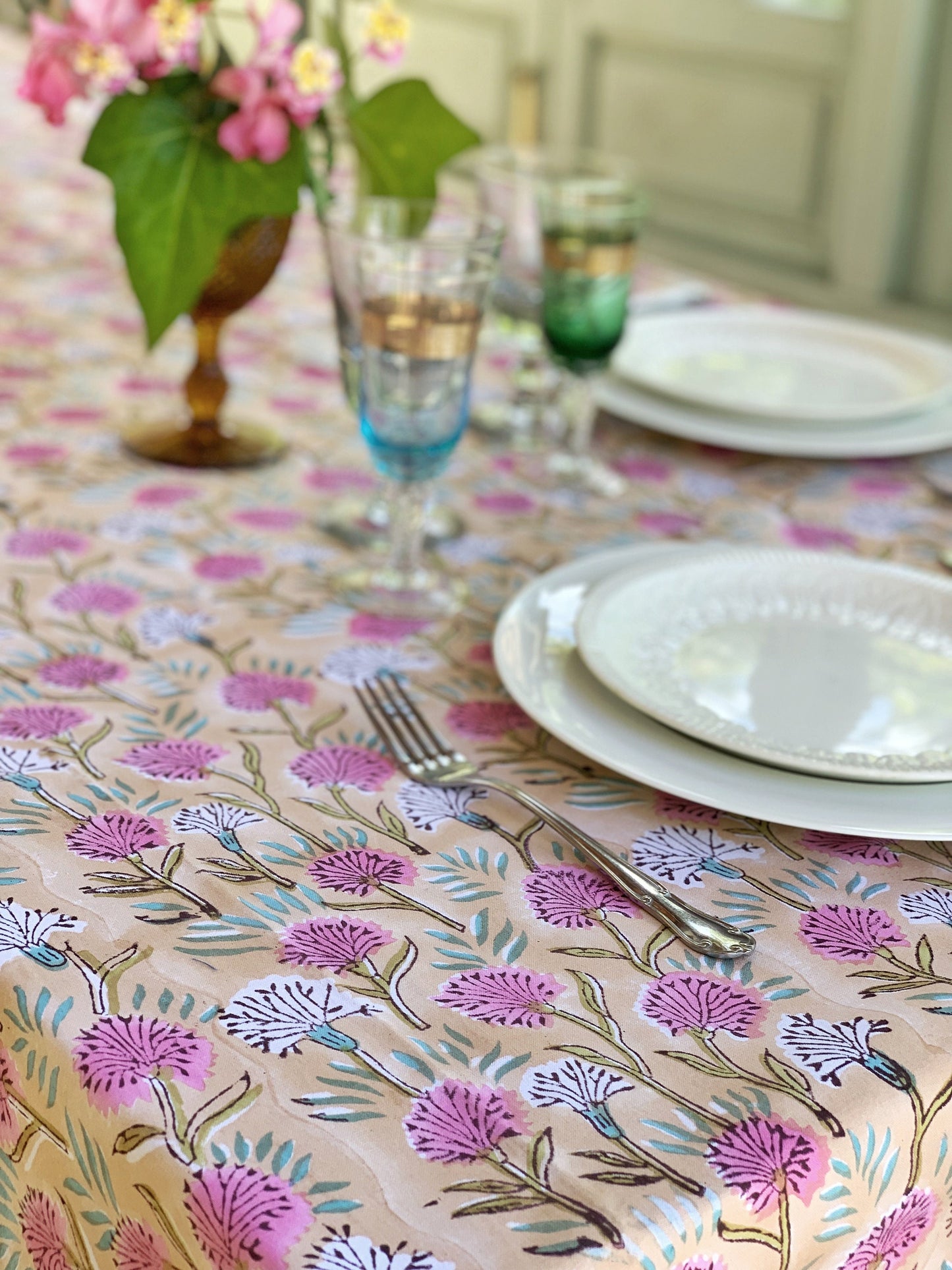 Pure cotton block print tablecloth handmade in India · Six diners · 100% Indian cotton boho chic tablecloth · Peach, pink and green