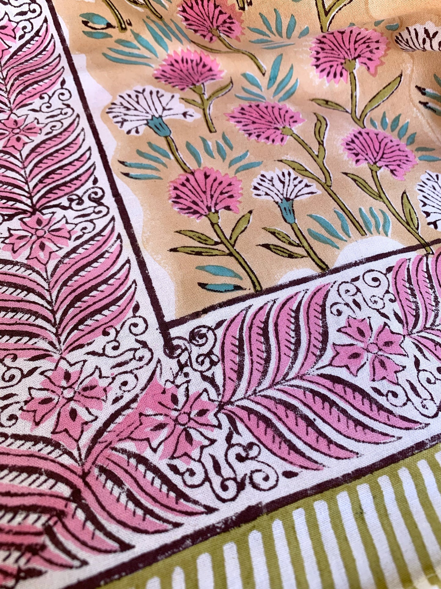 Pure cotton block print tablecloth handmade in India · Six diners · 100% Indian cotton boho chic tablecloth · Peach, pink and green