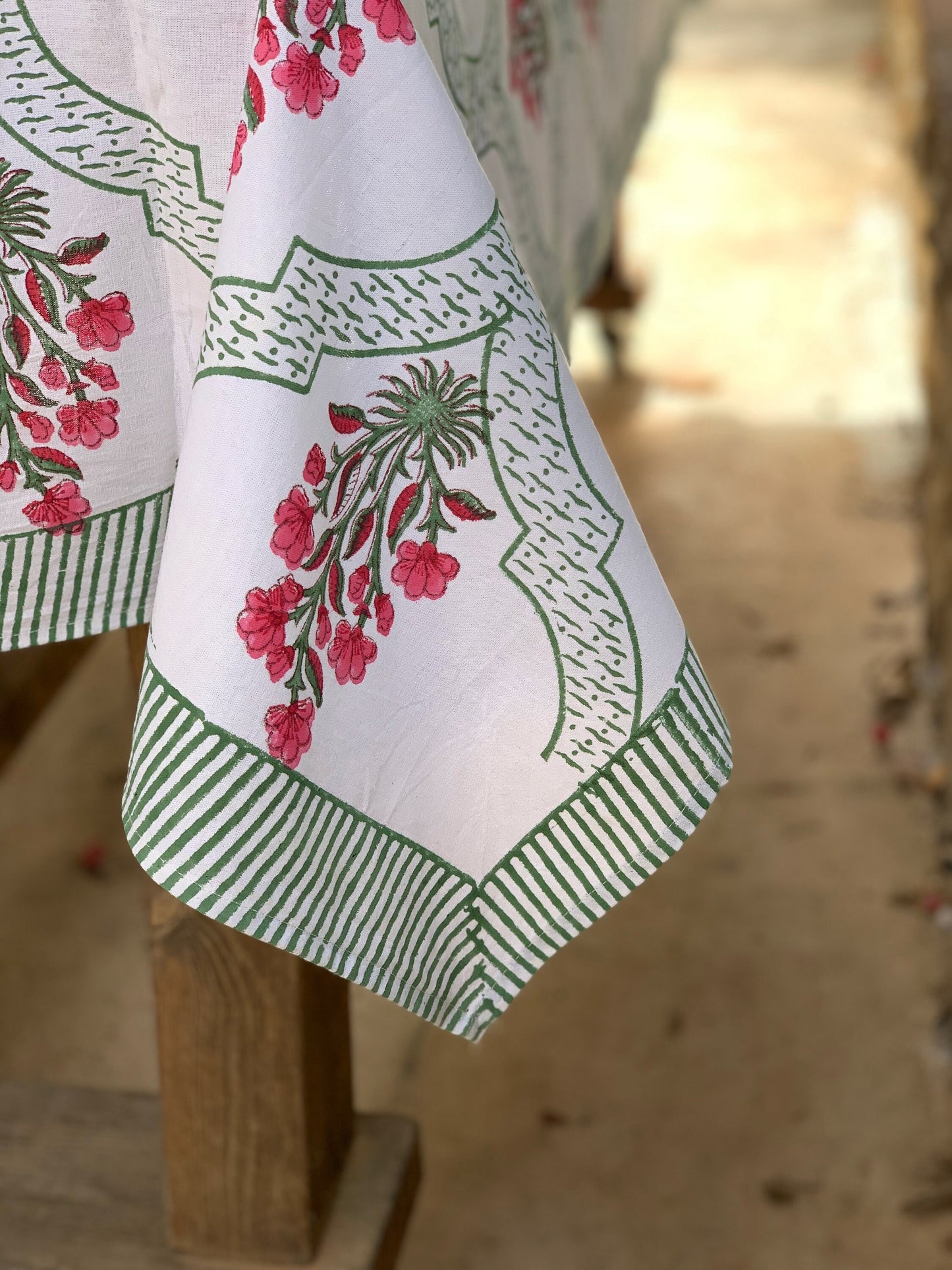 Pure cotton block print tablecloth handmade in India · Six diners · Boho chic tablecloth 100% Indian cotton · Mughal white pink