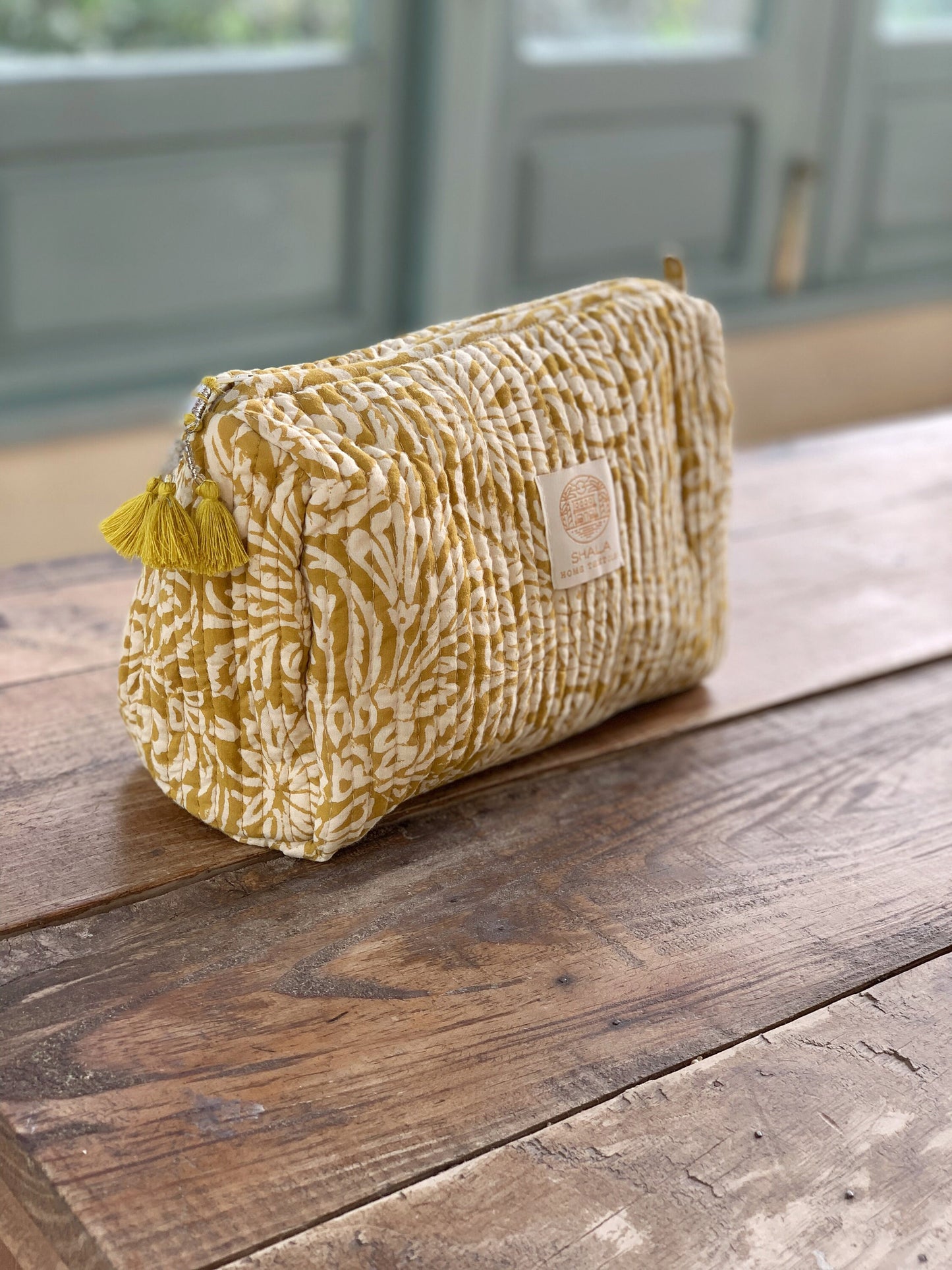 Padded toiletry bag · Pure cotton block print in India · Padded make-up bag, carry-all · Mustard