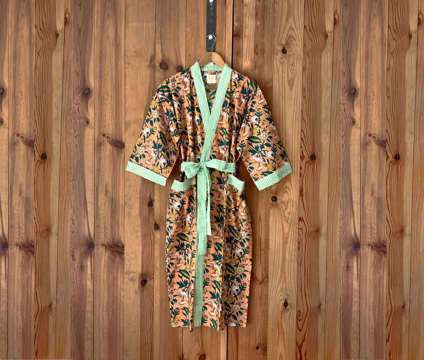 Bata kimono · Algodón puro estampado block print artesanal en India · Bata novia · Bata dama honor · Kimono boho · Salmón flores verde