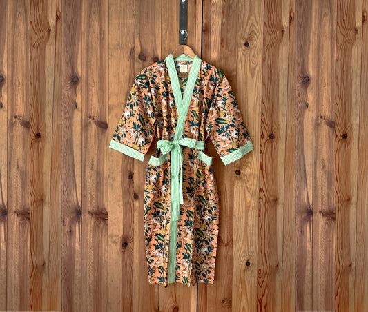 Bata kimono · Algodón puro estampado block print artesanal en India · Bata novia · Bata dama honor · Kimono boho · Salmón flores verde