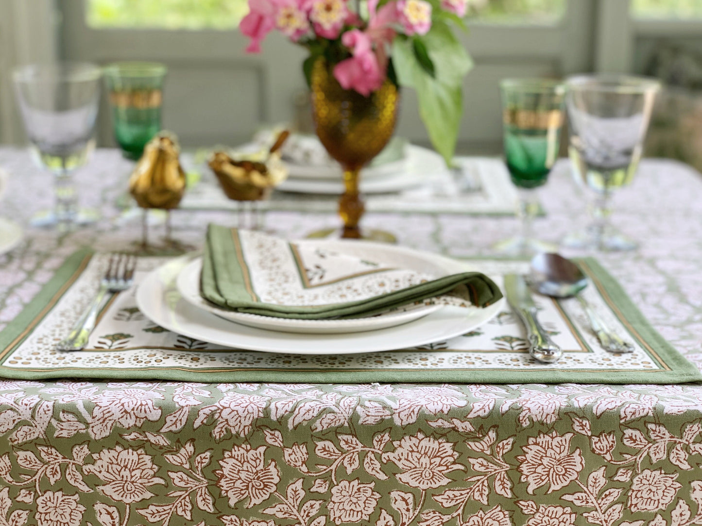 Pure cotton block print tablecloth handmade in India · Six diners · Boho chic tablecloth 100% Indian cotton · Sage green