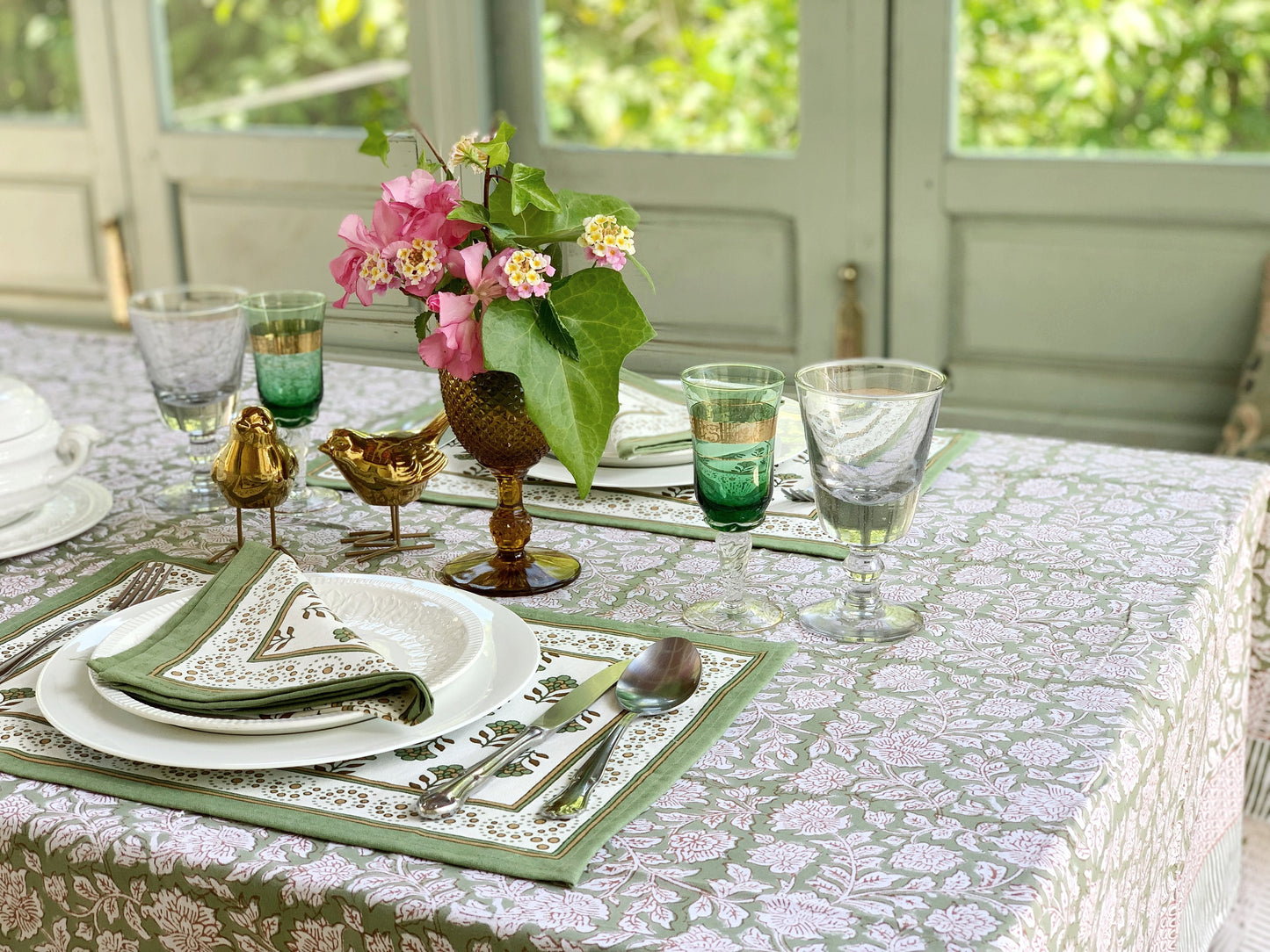 Pure cotton block print tablecloth handmade in India · Six diners · Boho chic tablecloth 100% Indian cotton · Sage green