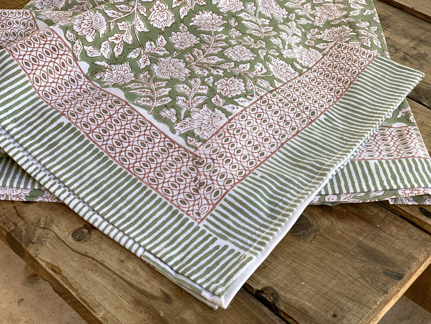 Pure cotton block print tablecloth handmade in India · Six diners · Boho chic tablecloth 100% Indian cotton · Sage green