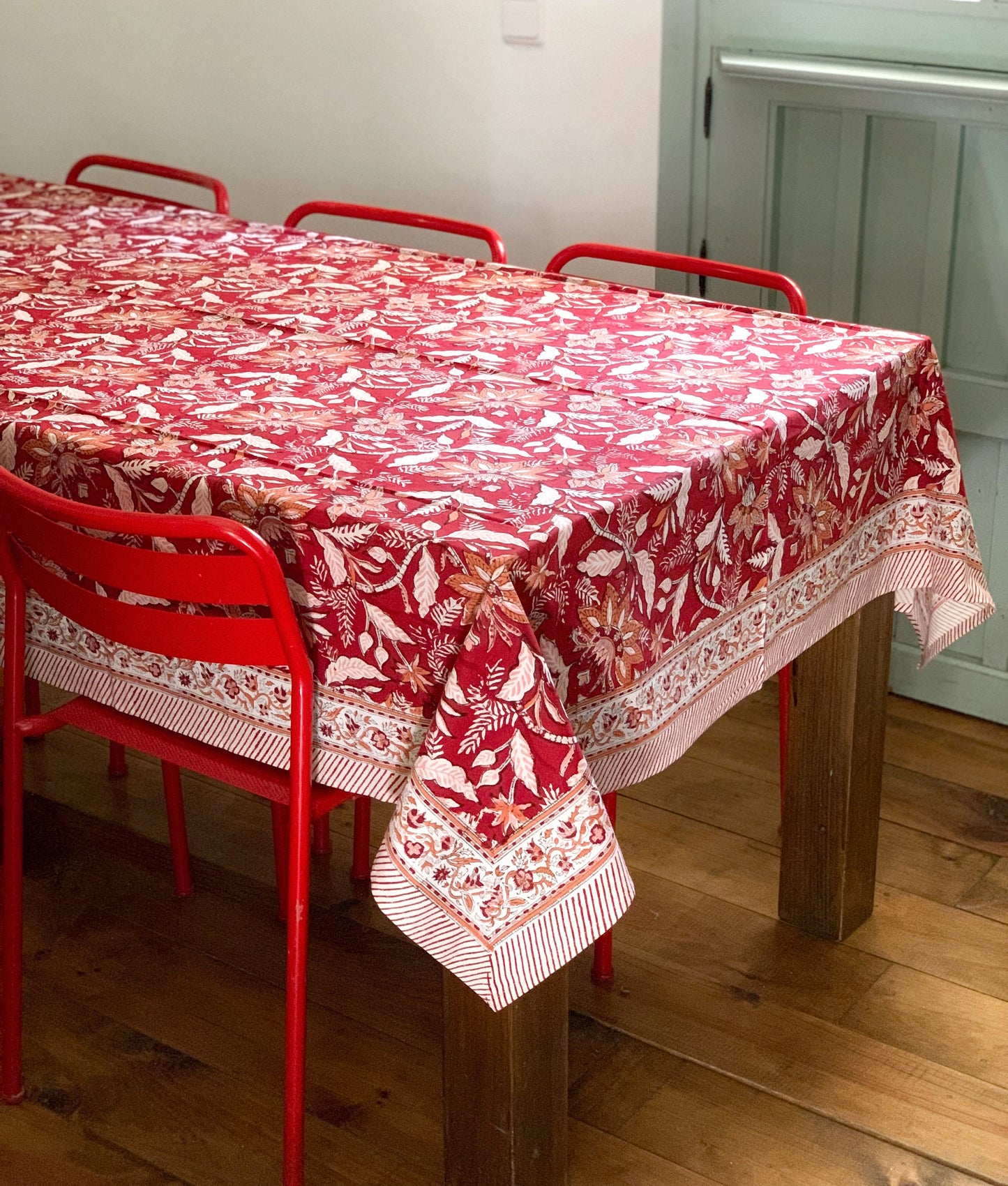 Mantel algodón puro estampado block print artesanal en India · Varias medidas a elegir · Mantel boho chic 100% algodón hindú · Rojo y naranja