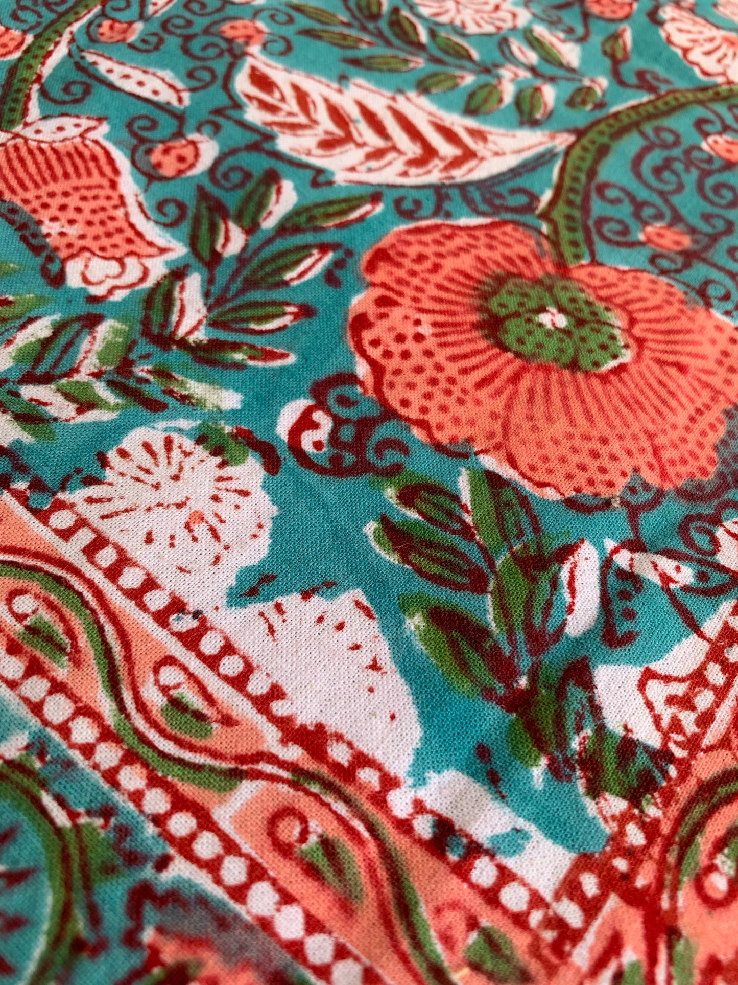 Pure cotton block print tablecloth handmade in India · Square 4 diners · Boho chic tablecloth 100% Indian cotton · Turquoise and coral