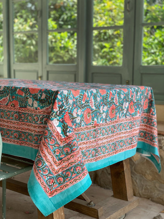 Mantel algodón puro estampado block print artesanal en India · Cuadrado 4 comensales · Mantel boho chic 100% algodón hindú · Turquesa y coral