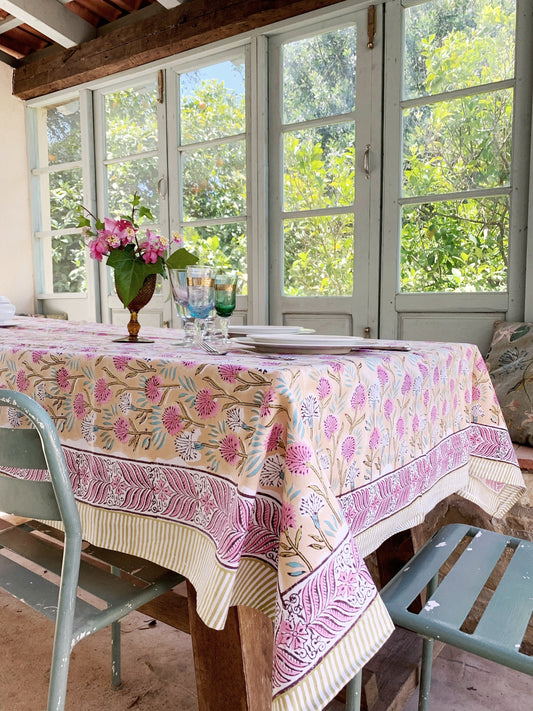 Mantel algodón puro estampado block print artesanal en India · Seis comensales · Mantel boho chic 100% algodón hindú · Melocotón, rosa y verde