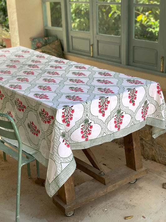 Pure cotton block print tablecloth handmade in India · Six diners · Boho chic tablecloth 100% Indian cotton · Mughal white pink