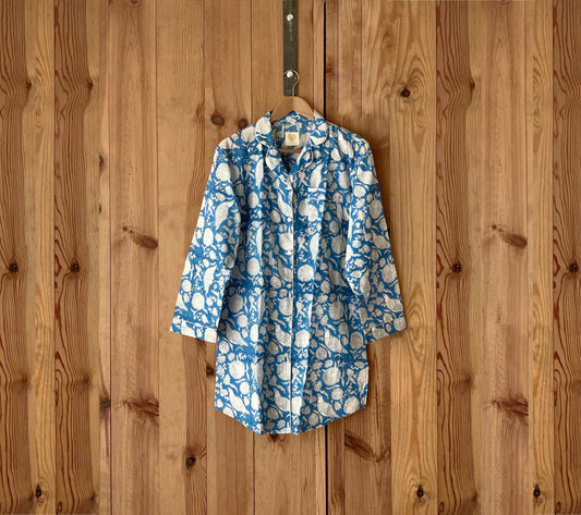 Nightgown · Pure cotton block print handmade in India · 100% cotton sleep shirt · Long-sleeved cotton nightgown · Blue