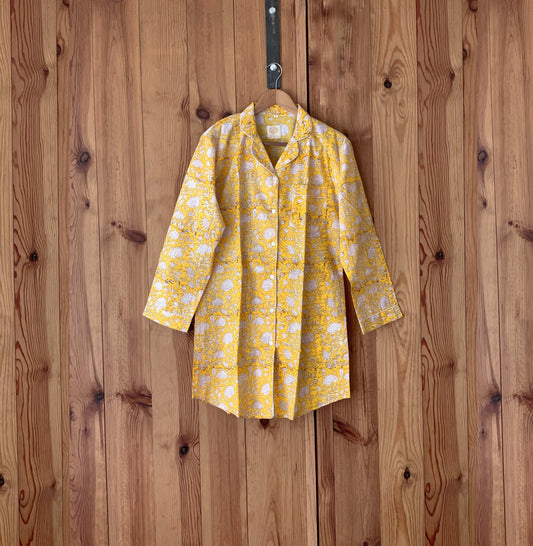 Nightgown · Pure cotton block print handmade in India · 100% cotton nightgown · Long-sleeved cotton nightgown · Yellow