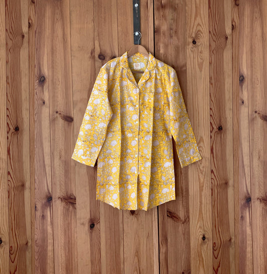 Camisón · Algodón puro estampado block print artesanal en India · Camisa para dormir algodón 100% · Camisón algodón manga larga · Amarillo