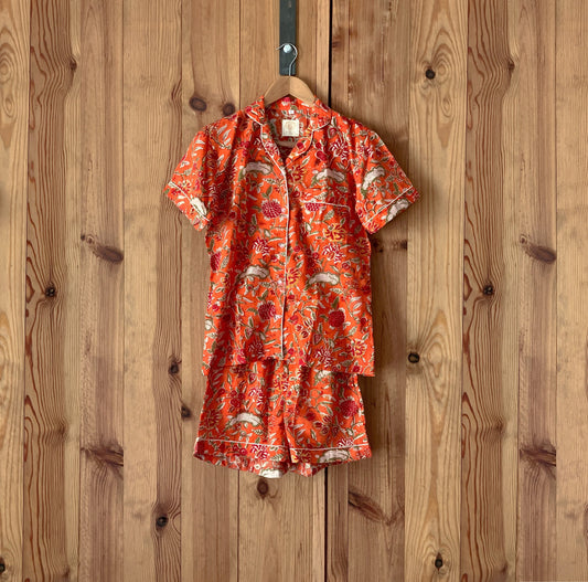 Pijama manga y pantalón corto · Algodón puro estampado block print artesanal en India · Pijama verano algodón 100% · Naranja