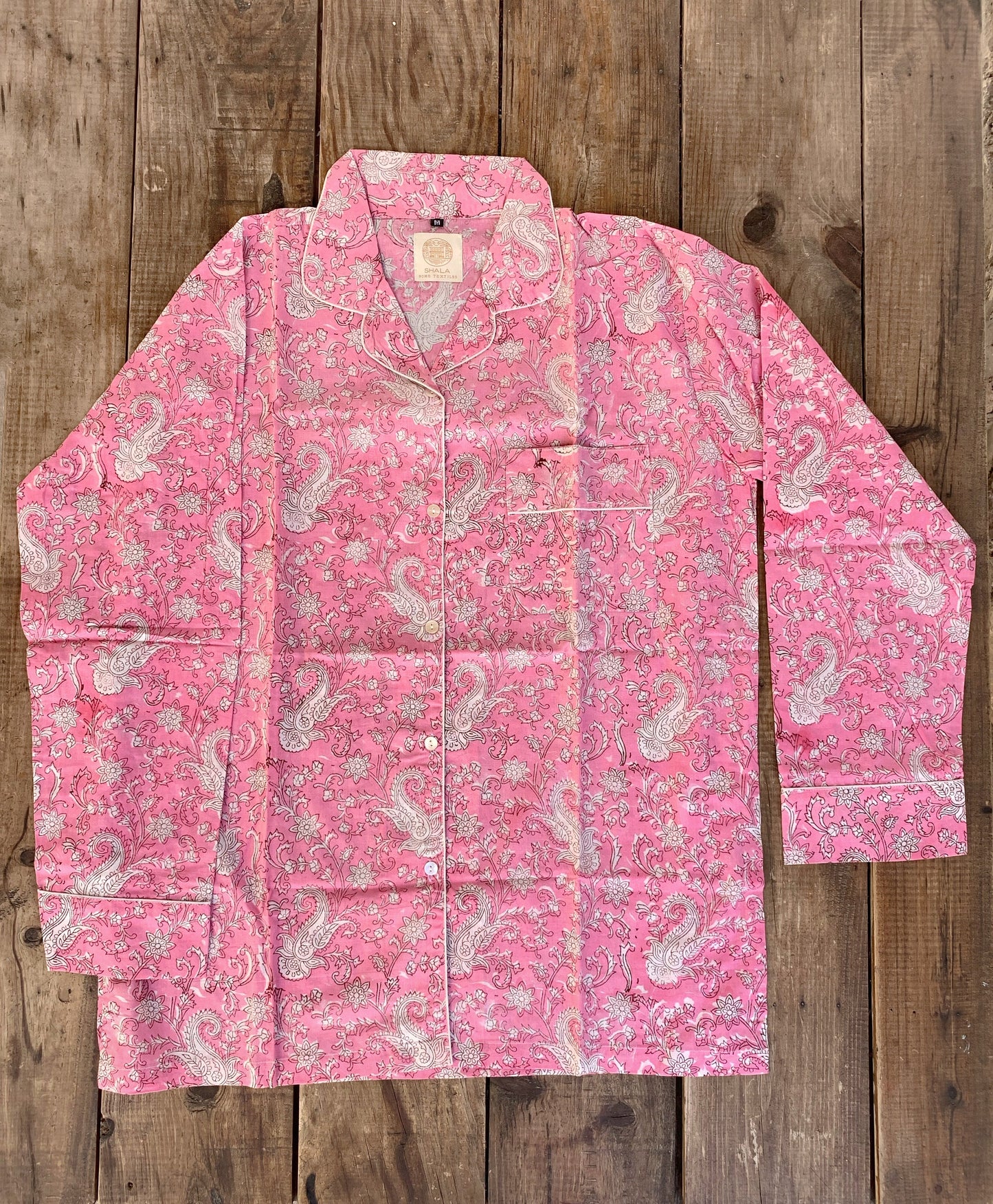 Pajamas with long sleeves and pants · Pure cotton block print handmade in India · 100% cotton winter pajamas · Pink white cashmere