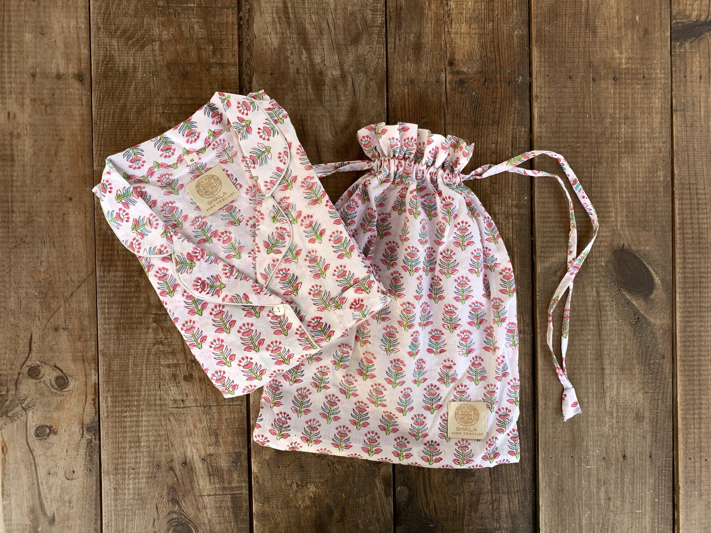 Gift SET Long-sleeved nightgown &amp; matching slippers Pure cotton block print handmade in India White pink flowers
