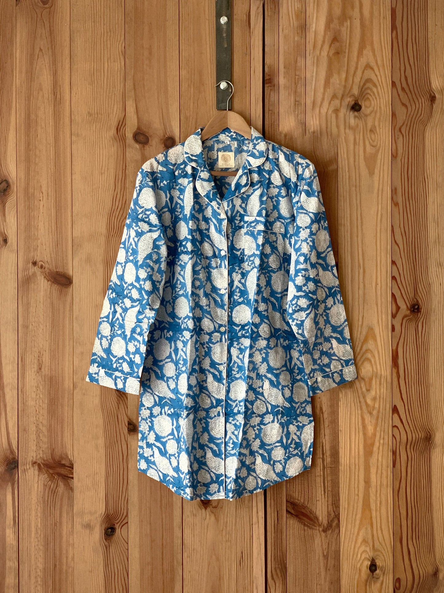 SET regalo · Camisón manga larga & bata kimono a juego · Algodón puro estampado block print artesanal en India · Azul mix
