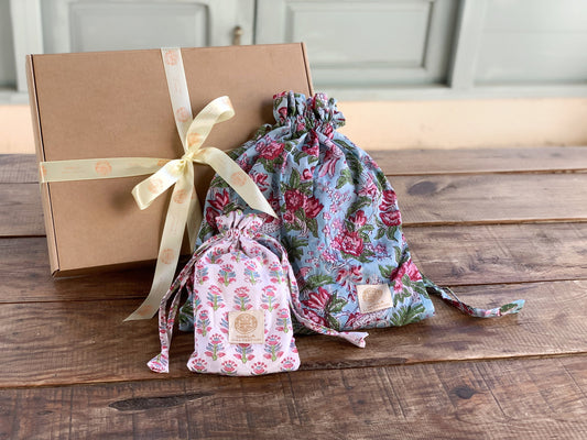 Gift SET Long-sleeved nightgown &amp; matching slippers Pure cotton block print handmade in India Blue and pink mix