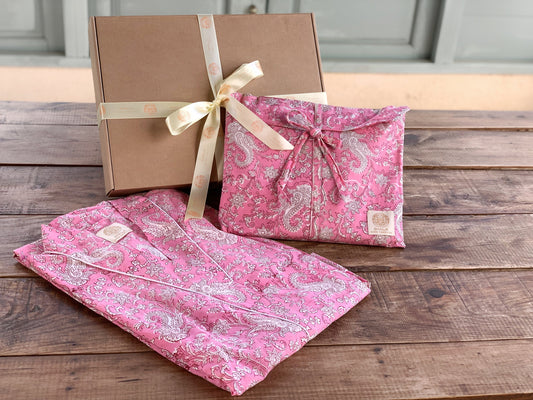 SET regalo · Pijama manga/pantalón largo & bata kimono a juego · Algodón puro estampado block print artesanal en India · Rosa