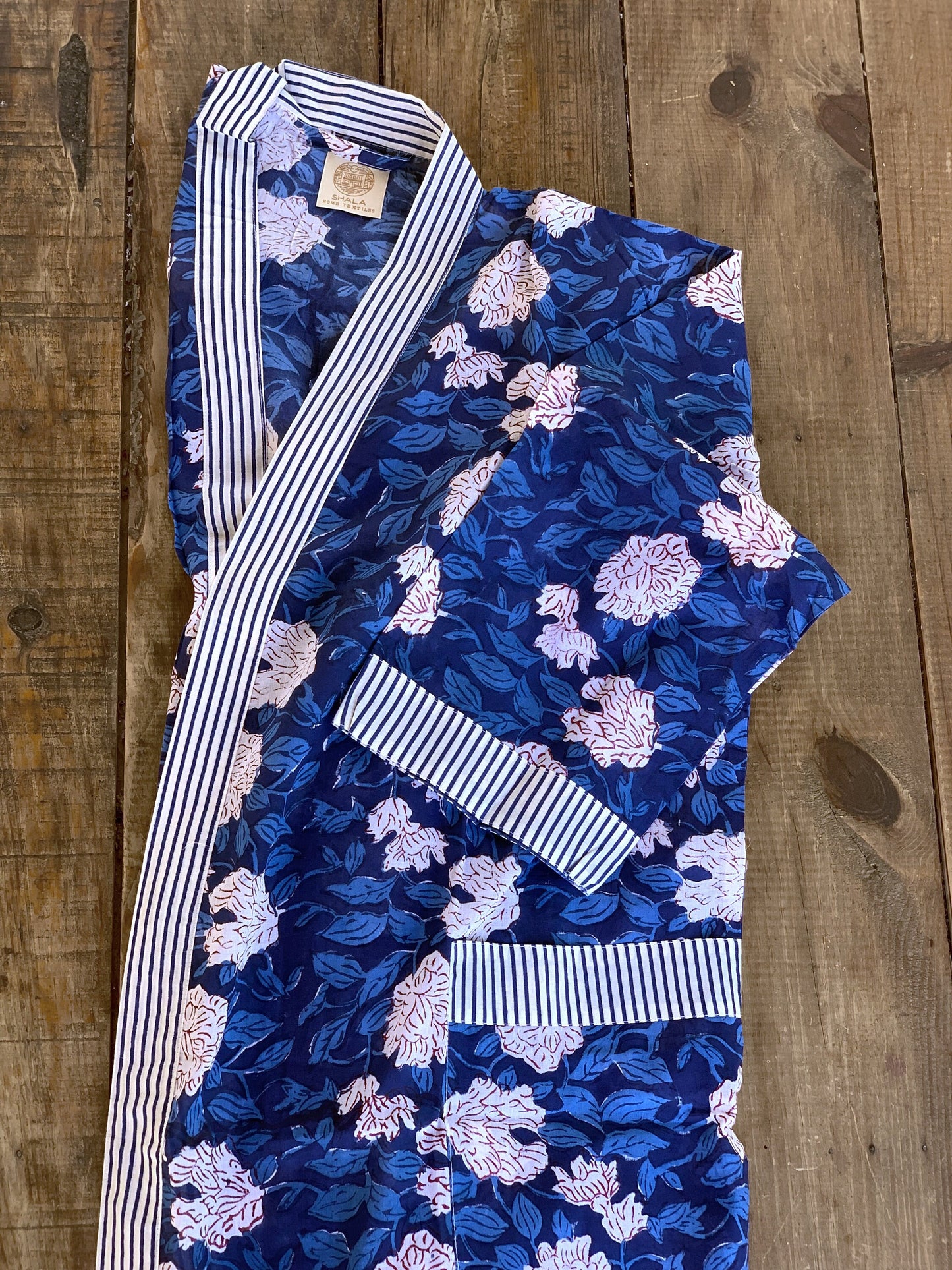 Christmas gift set Long-sleeved nightgown &amp; matching kimono robe Pure cotton block print handmade in India Blue mix