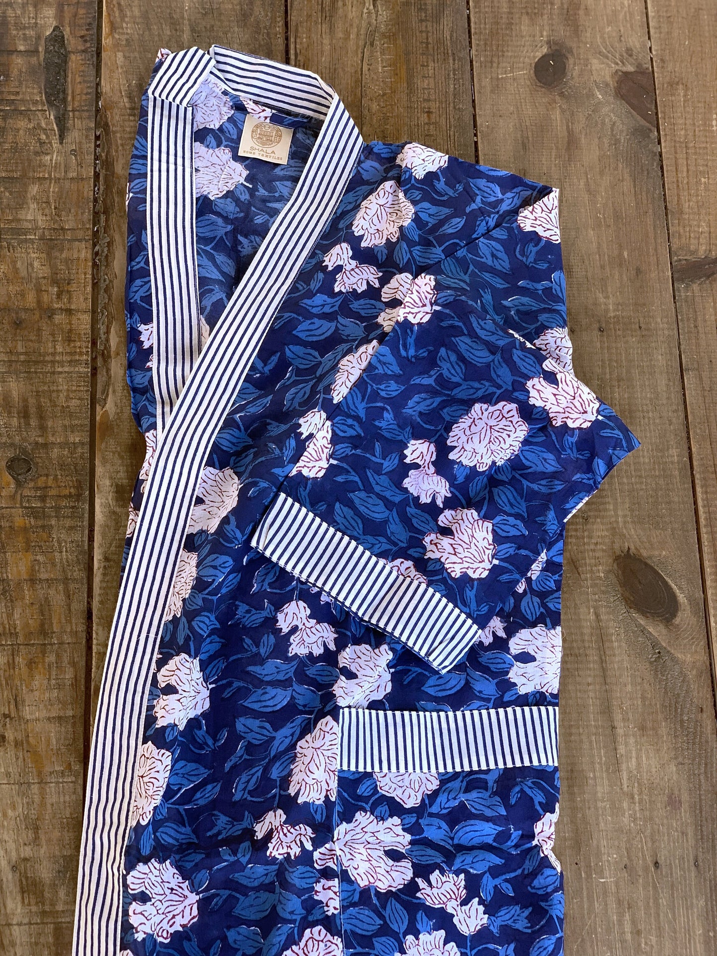 SET regalo · Camisón manga larga & bata kimono a juego · Algodón puro estampado block print artesanal en India · Azul mix