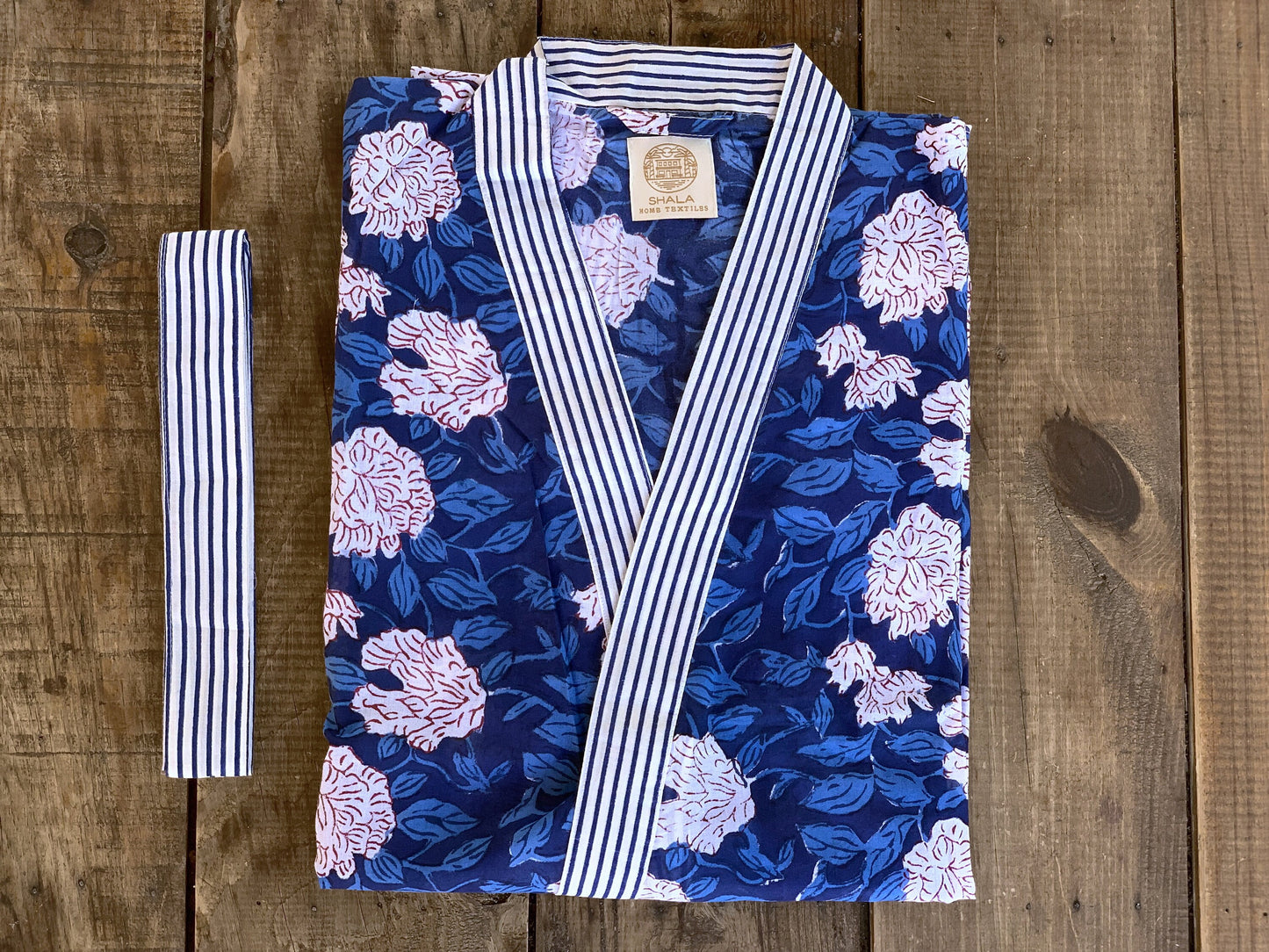 SET regalo · Camisón manga larga & bata kimono a juego · Algodón puro estampado block print artesanal en India · Azul mix