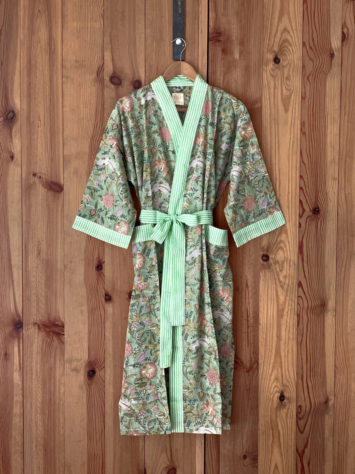 Gift SET Kimono robe &amp; matching slippers 100% pure cotton handcrafted block print in India Green and pink mix