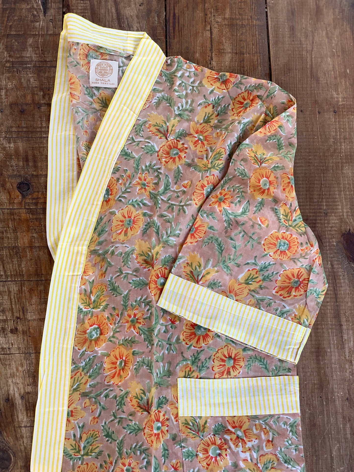SET regalo · Bata kimono y bolsa de aseo juego · Algodón 100% puro estampado block print artesanal en India · Amarillo mostaza mix