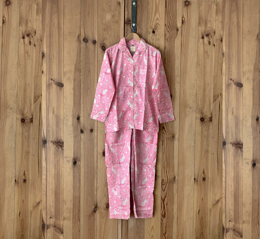 Pijama manga y pantalón largos · Algodón puro estampado block print artesanal en India · Pijama invierno algodón 100% · Rosa cachemir blanco