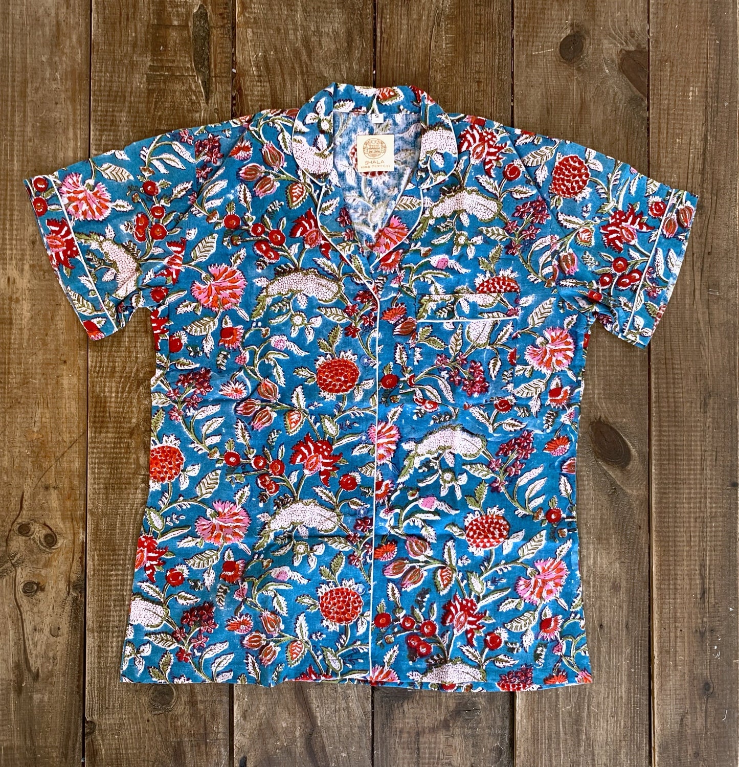 Gift SET Pajamas with sleeves/shorts and matching slippers Pure cotton block print handmade in India Blue red flowers
