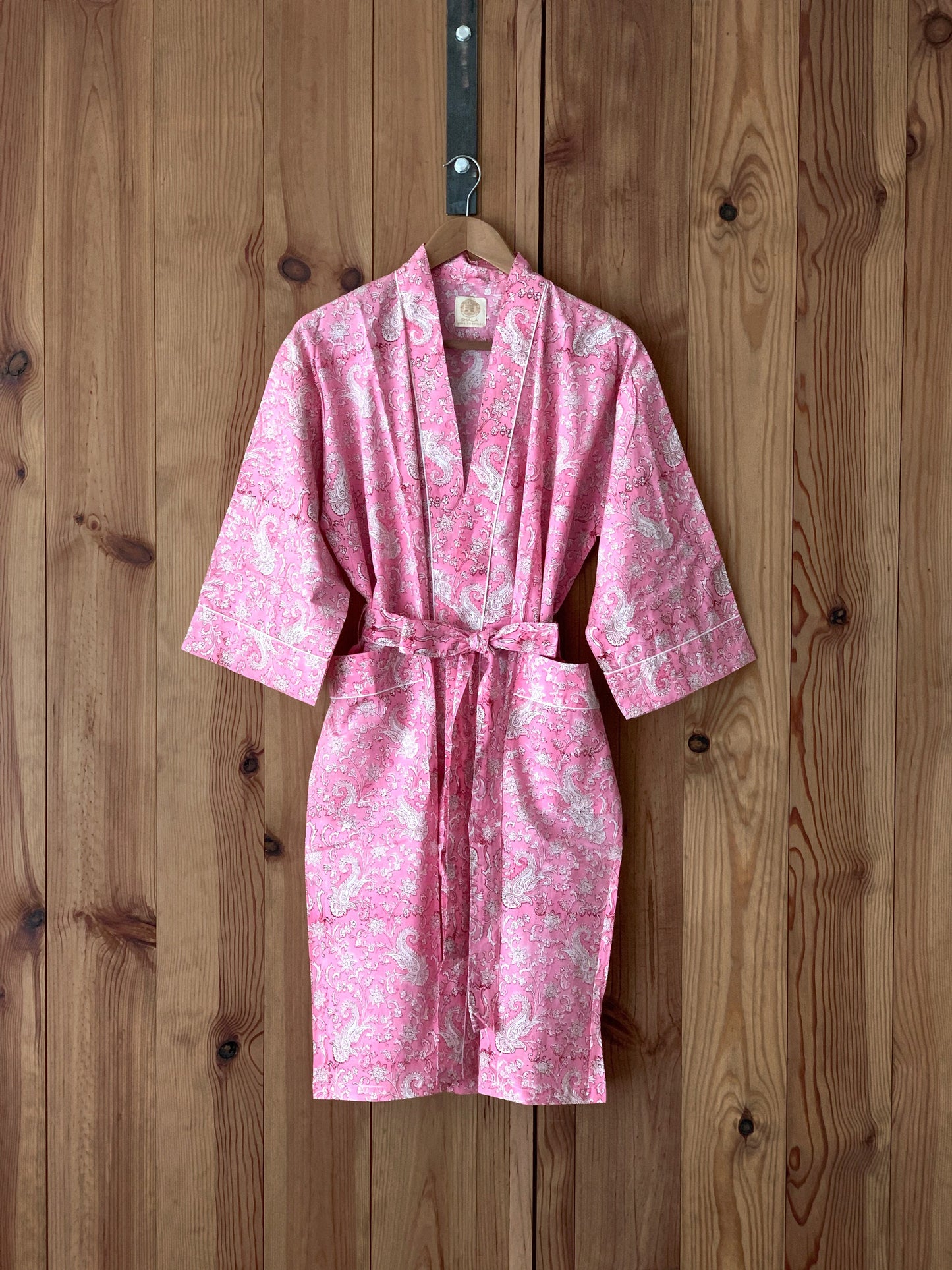 SET regalo · Pijama manga/pantalón largo & bata kimono a juego · Algodón puro estampado block print artesanal en India · Rosa