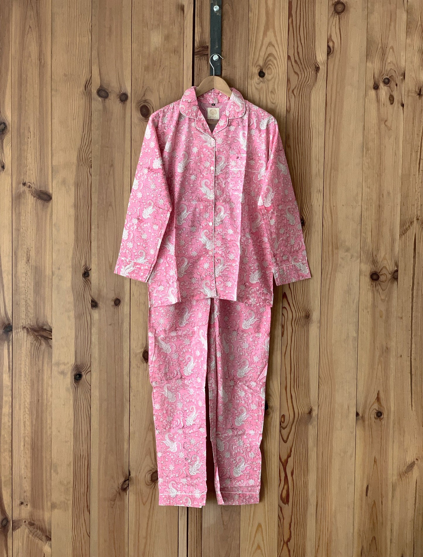 SET regalo · Pijama manga/pantalón largo & bata kimono a juego · Algodón puro estampado block print artesanal en India · Rosa