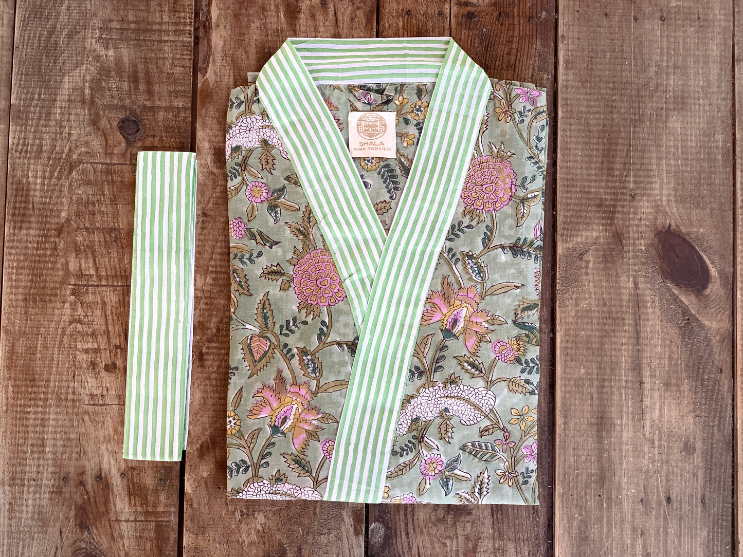 Gift SET Kimono robe &amp; matching slippers 100% pure cotton handcrafted block print in India Green and pink mix