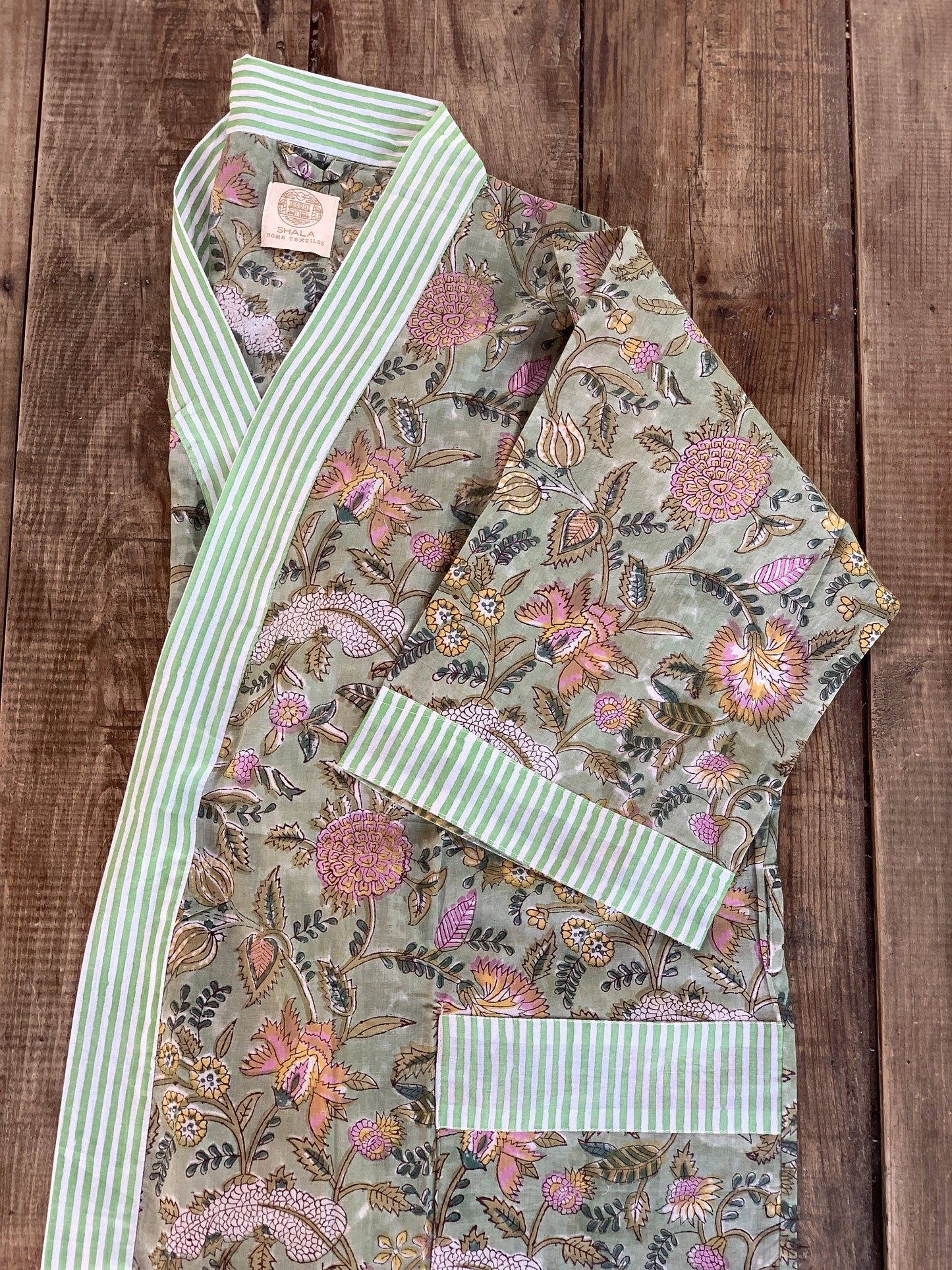 Gift SET Kimono robe &amp; matching slippers 100% pure cotton handcrafted block print in India Green and pink mix