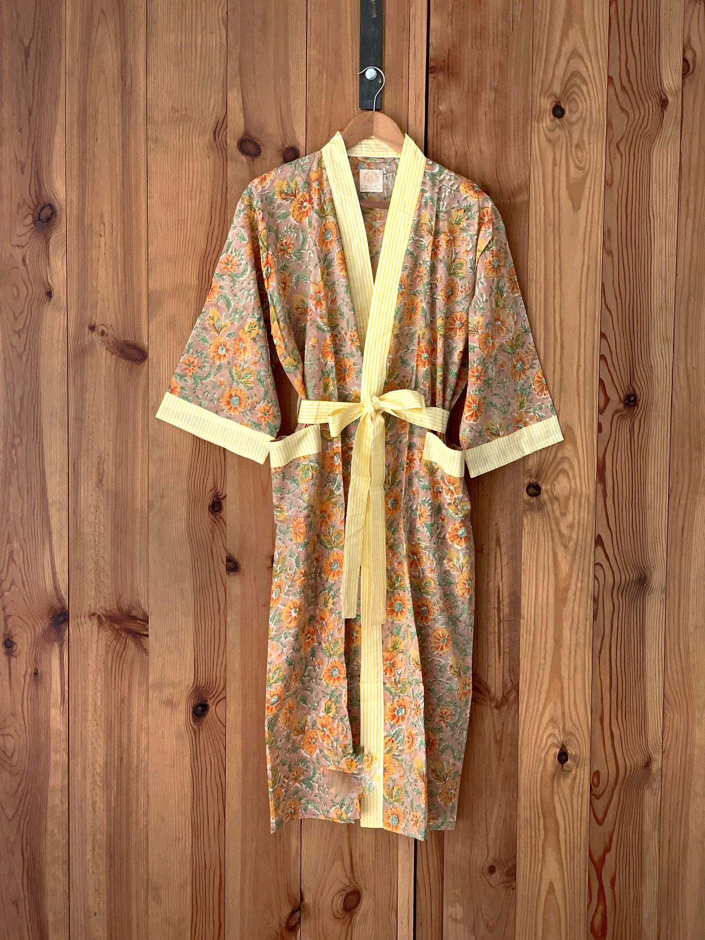SET regalo · Bata kimono y bolsa de aseo juego · Algodón 100% puro estampado block print artesanal en India · Amarillo mostaza mix