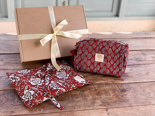Gift SET Long-sleeved pajamas/long pants &amp; matching toiletry bag Pure cotton block print handmade in India Bordeaux mix